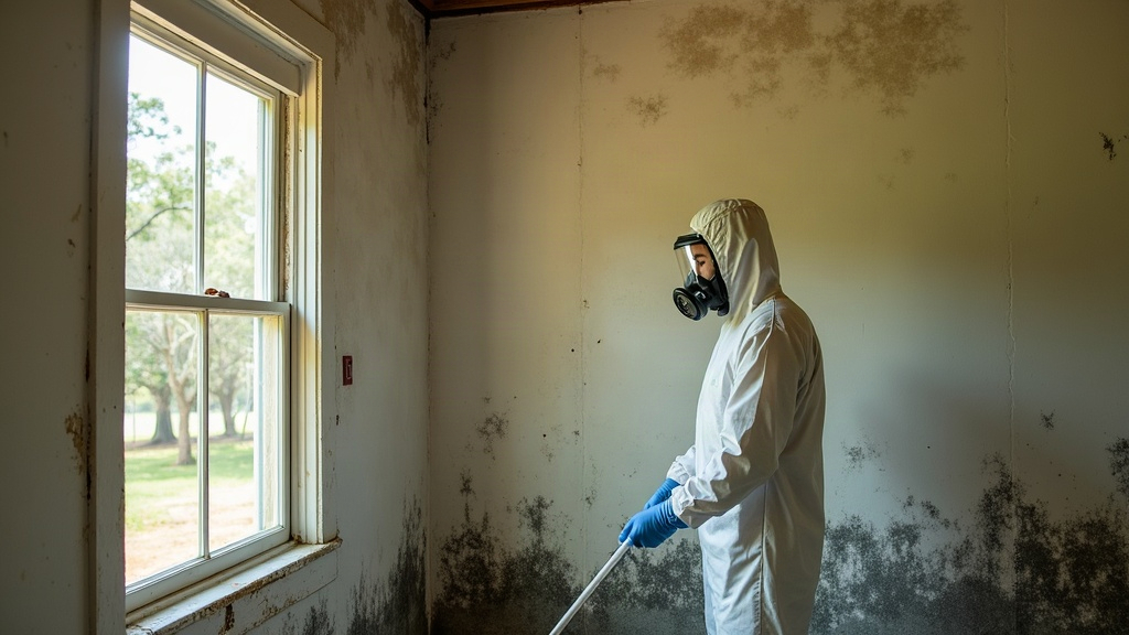Baton Rouge mold remediation technician in white Tyvek and respirator inspecting a damp wall